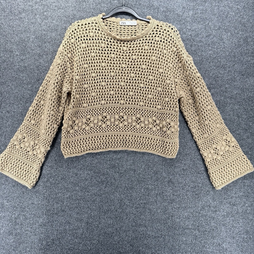 ZARA Sweater Womens M Tan Crochet Pullover Flare Sleeve Y2K Boho Cottage Indie